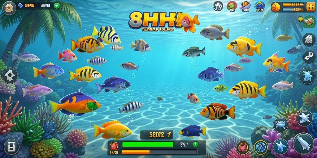 Tampilan gameplay seru dalam 8HHH saat menembak ikan.