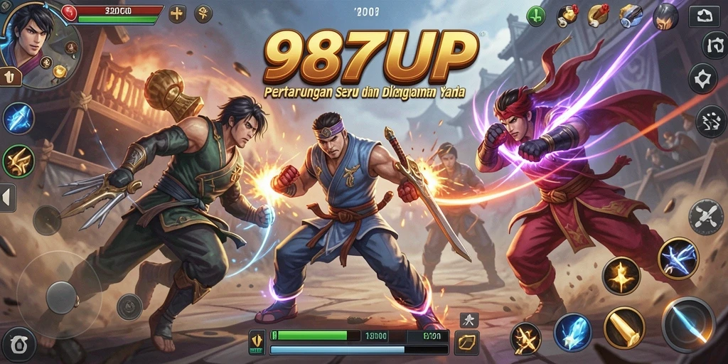 Screenshot gameplay 987UP menampilkan aksi pertarungan yang intens dan karakter yang beragam.