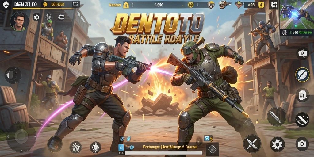 Screenshot gameplay DENTOTO menampilkan aksi seru di medan perang Battle Royale.