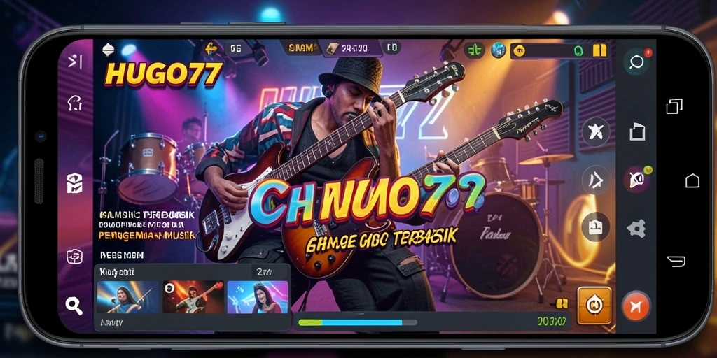 Tampilan gameplay HUGO77 dengan musik yang energik.