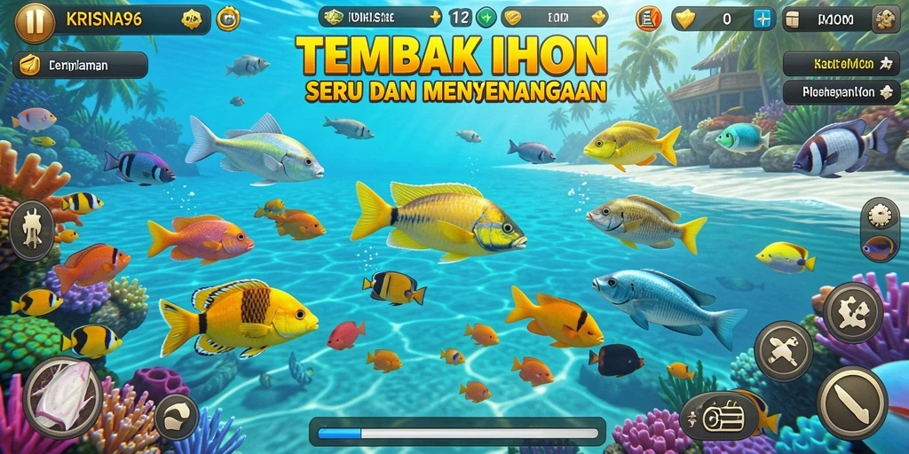 Gameplay seru dalam KRISNA96 dengan berbagai jenis ikan.