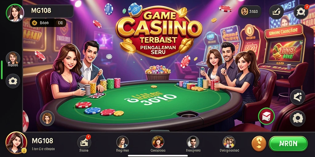 Screenshot gameplay MG108 menunjukkan dealer yang ramah dan tampilan meja permainan yang menarik.