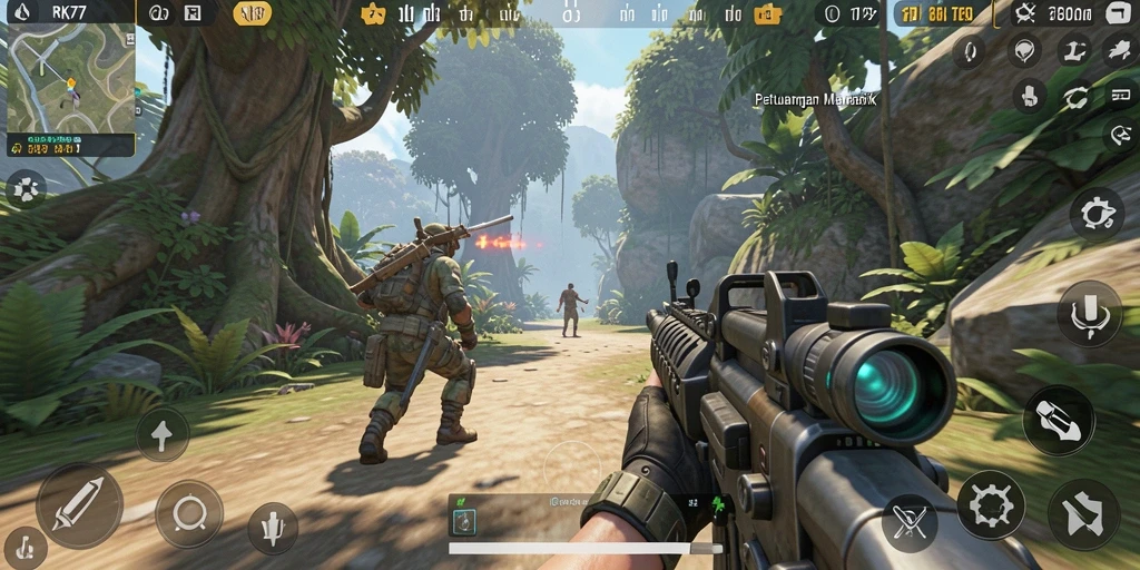 Screenshot gameplay RK77 menampilkan aksi menembak yang mendebarkan.