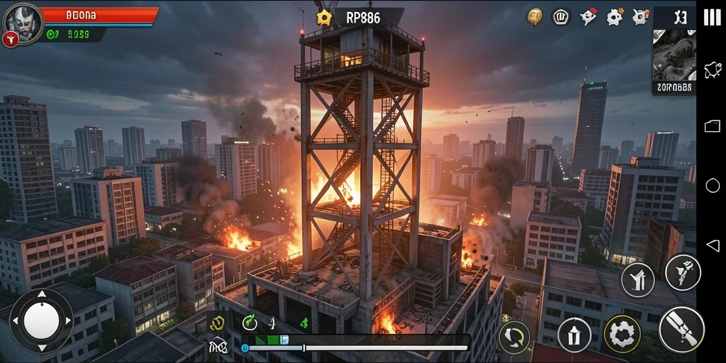 Tampilan gameplay RP886 dengan menara strategis dan musuh yang menyerang.