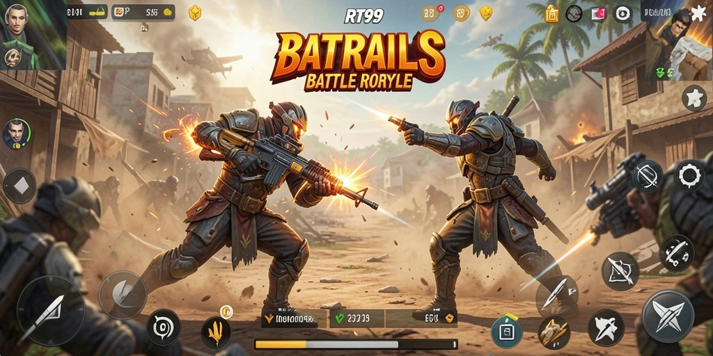 Screenshot RT99 menampilkan aksi pertempuran intens dalam mode Battle Royale.